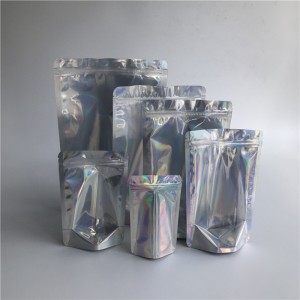 Atacado Resealable Frente Transparente Holográfica Stand Up Bolsas de Plástico Laminado Cosméticos Zíper Sacos de Embalagem Em Estoque